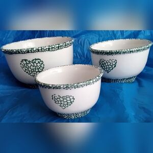 Vintage Tienshan Folk Craft "Hearts Green" Spongeware Design Bowls - Set of 3